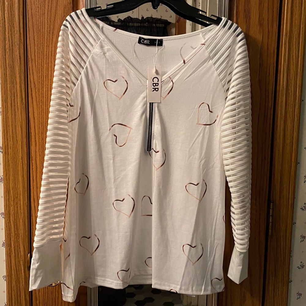 White Top w/sheer sleeves & Half Zip (Hearts)
